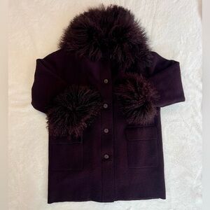 Hilary Radley Deep Purple Coat Virgin Wool with Mongolian Fur